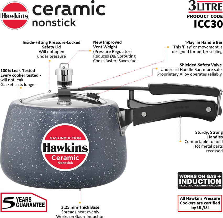 Hawkins 3 Litre Ceramic Nonstick Induction Pressure Cooker, Granite Finish  