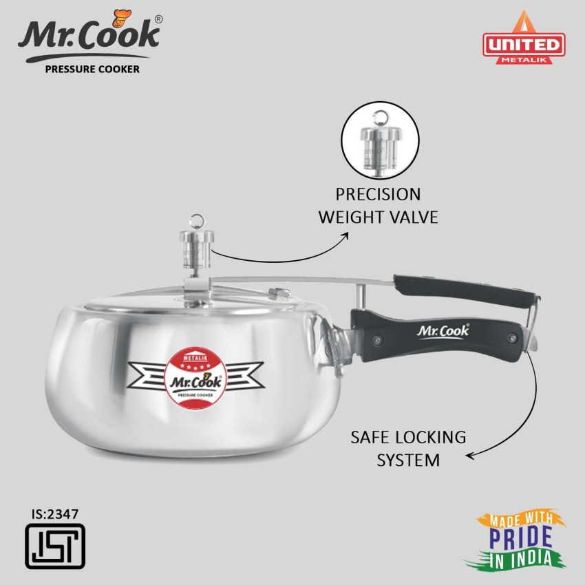 MR COOK By United Metalik Regular Aluminium Non-Induction Pressure Cooker  with Inner Lid, 3 Litres (Silver)