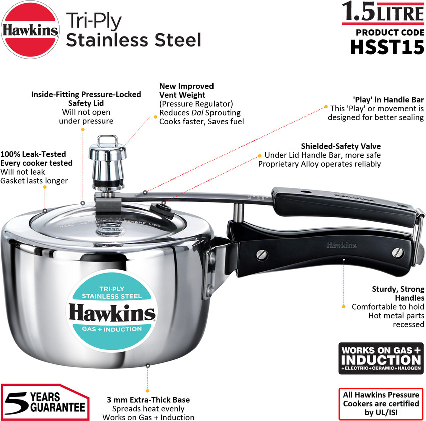 Hawkins Stainless Steel Inner HSST15 1.5 L Inner Lid Induction Bottom Pressure Cooker Price in India Buy Hawkins Stainless Steel Inner HSST15 1.5 L Inner Lid Induction Bottom Pressure Cooker online