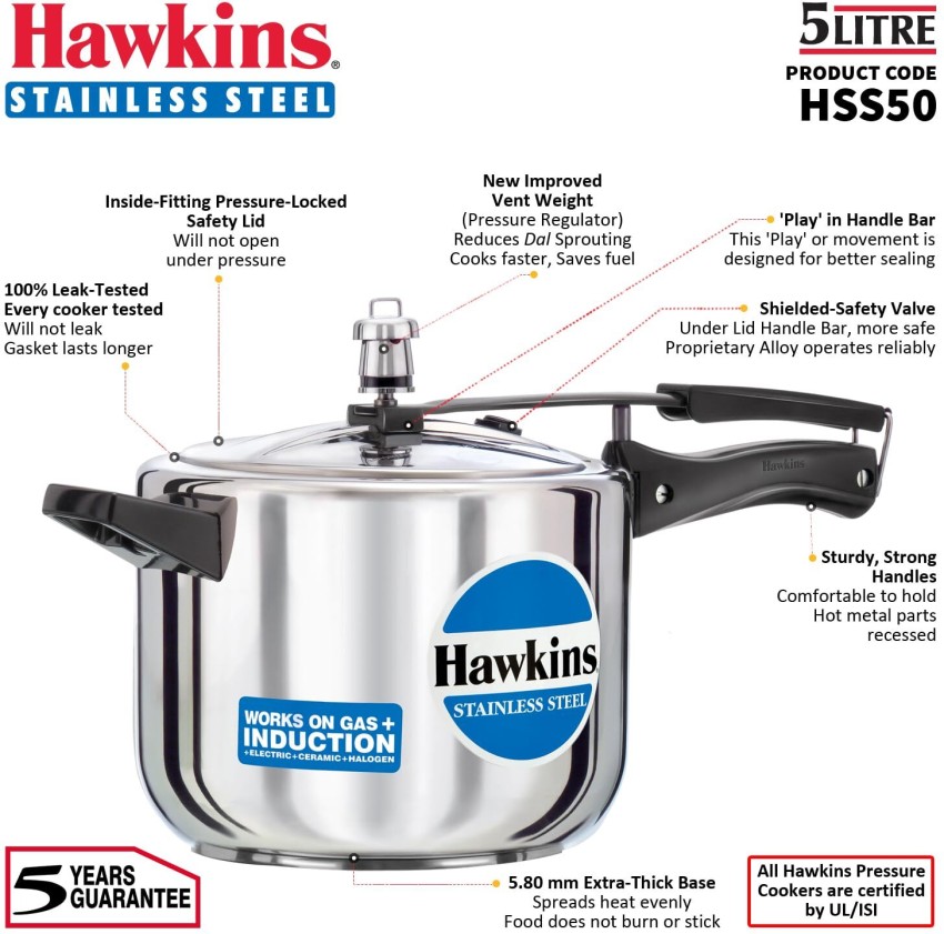 Hawkins STAINLESS STEEL 5 LITRE HSS50 5 L Inner Lid Induction Bottom Pressure Cooker Price in India Buy Hawkins STAINLESS STEEL 5 LITRE HSS50 5 L Inner Lid Induction Bottom Pressure