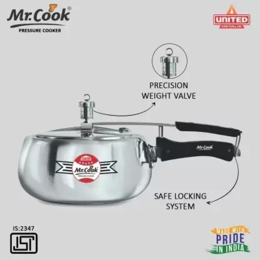 MR COOK By United Metalik Regular Aluminium Non-Induction Pressure Cooker  with Inner Lid, 3 Litres (Silver)