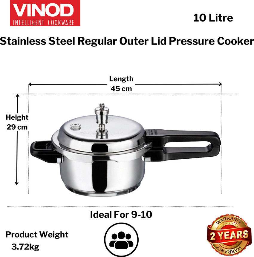 VINOD 18 8 Stainless Steel Regular Outer Lid 10 L Outer Lid Induction Bottom Pressure Cooker Price in India Buy VINOD 18 8 Stainless Steel Regular Outer Lid 10 L Outer Lid Induction