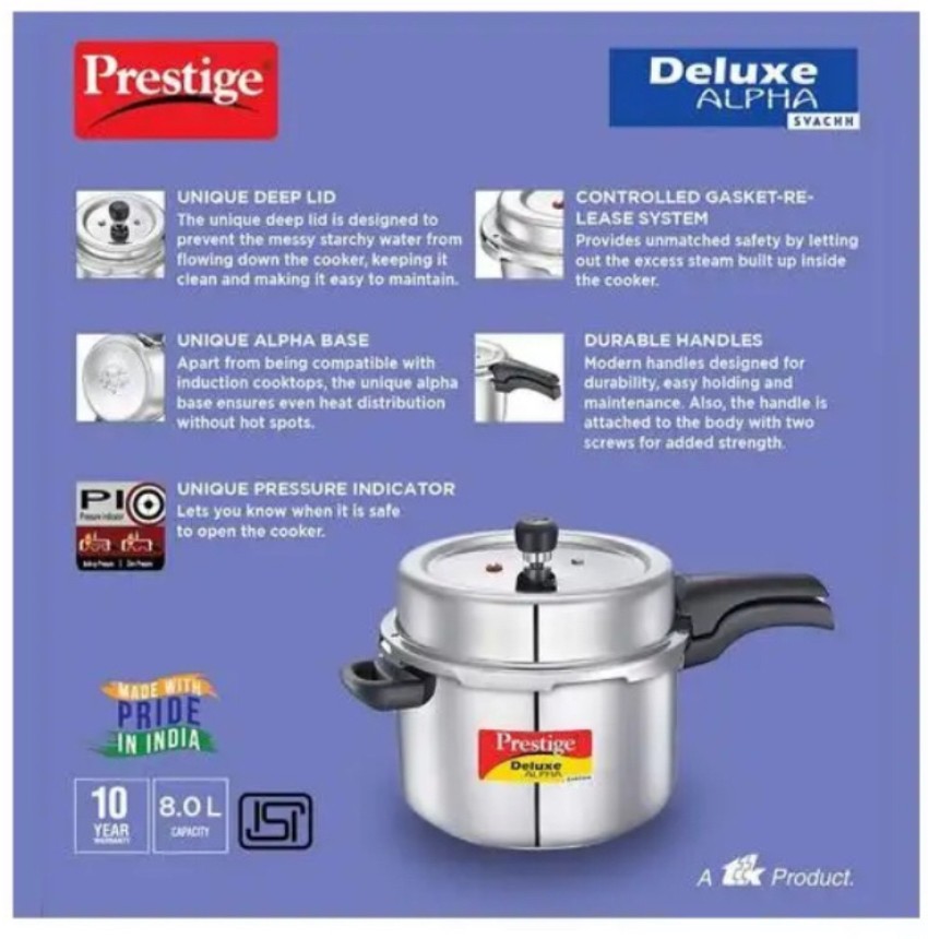 Prestige svachh deluxe alpha 8 online litre stainless steel pressure cooker