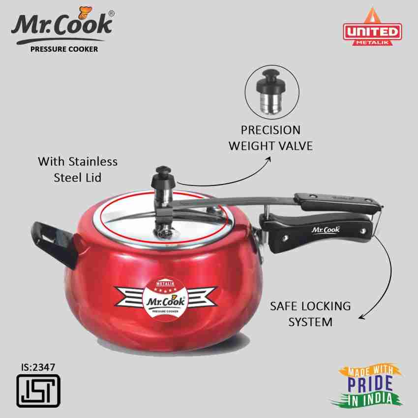 MR COOK By United Metalik Regular Aluminium Non-Induction Pressure Cooker  with Inner Lid, 3 Litres (Silver)