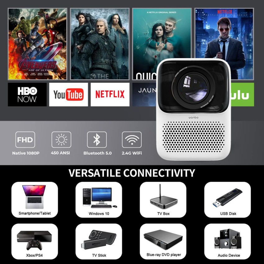 WANBO T2 Max Auto Focus Native FullHD 4k Support 1080P 450ANSI Android9  (5200 lm / 2 Speaker / Wireless / Remote Controller) Portable Projector  Price in India - Buy WANBO T2 Max