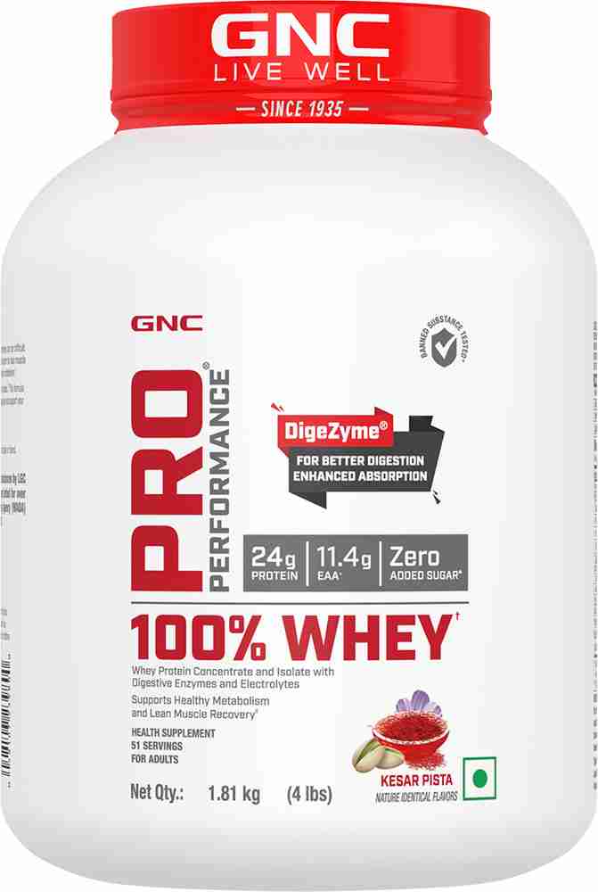 GNC Pro Performance 100 Whey Protein Powder Kesar Pista 4 lbs