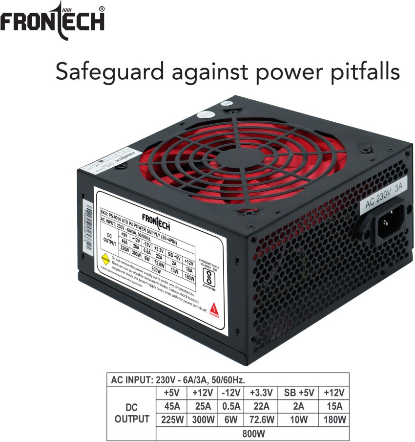 Frontech PS-0006 SMPS Compliant with ATX 12V, 20/24 Pin Power Supply Unit  800 Watts PSU
