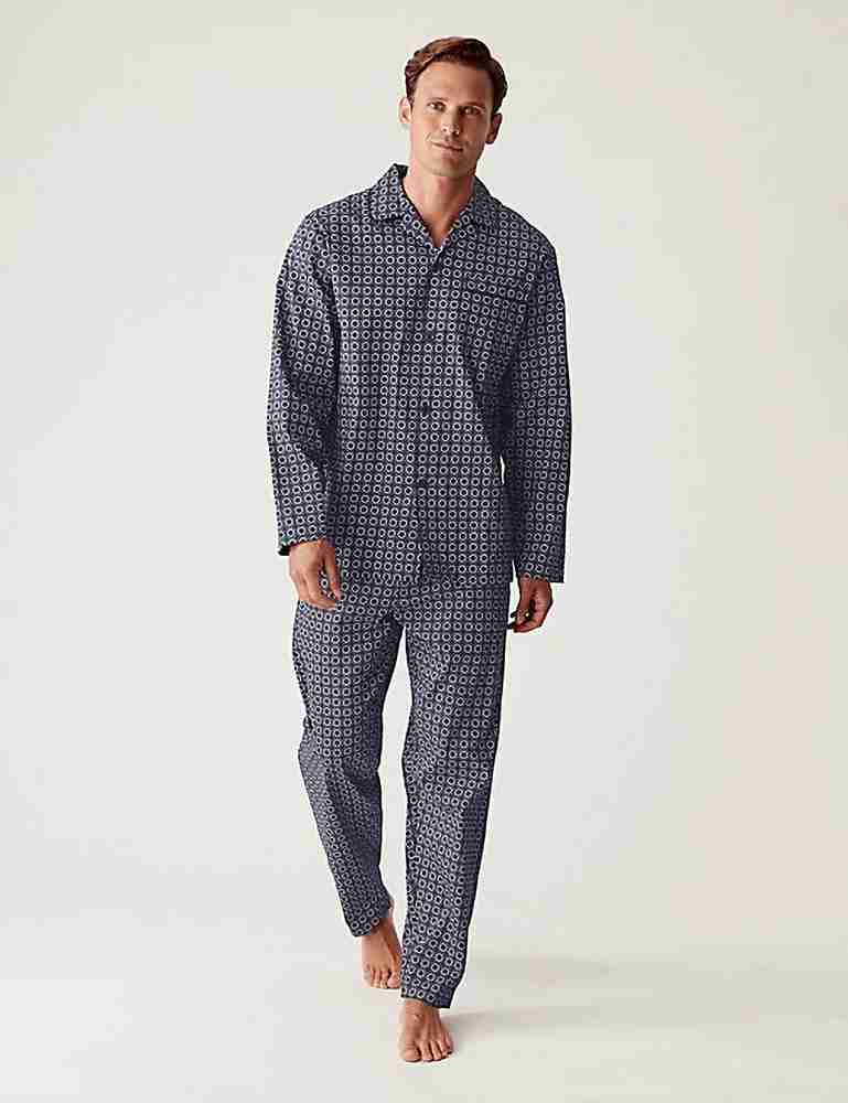 MARKS SPENCER Men Printed Blue Top Pyjama Set Price in India