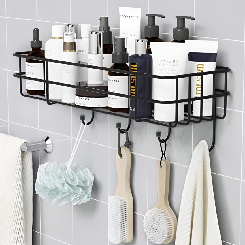 1pcs Bathroom Corner Shelf, Wall Mounted Bathroom Adhesive Shower Shelf  with Hooks, Kitchen Organizer, Black, No