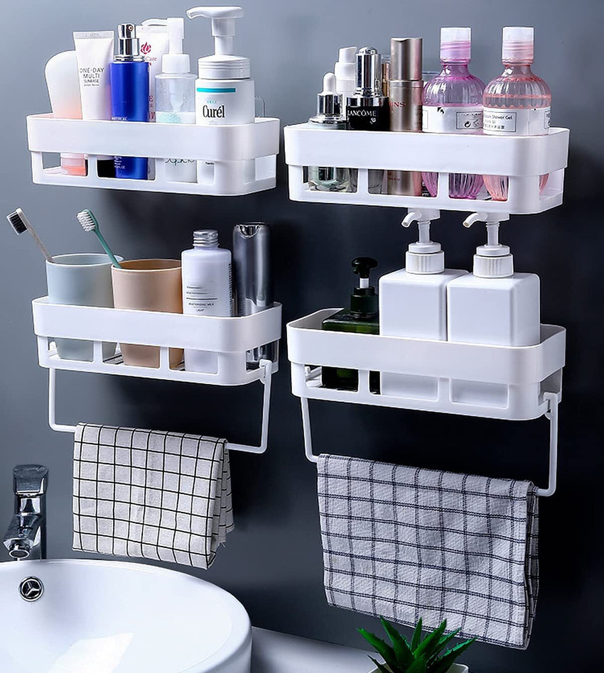 QUEBLISS Plastic Bathroom Accessories Wall Mount 4 Bathroom Shelf 2 Towel Hanger Plastic Wall Shelf Price in India Buy QUEBLISS Plastic Bathroom Accessories Wall Mount 4 Bathroom Shelf 2 Towel Hanger