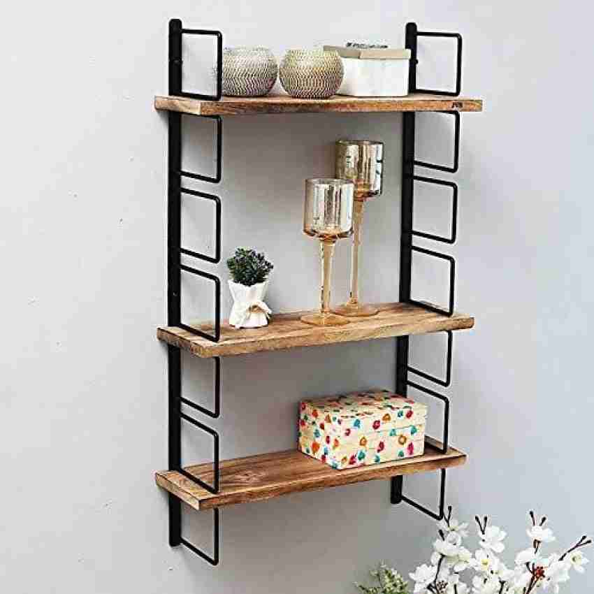 24X12 Black Metal + Wood Wall Shelf With Hooks