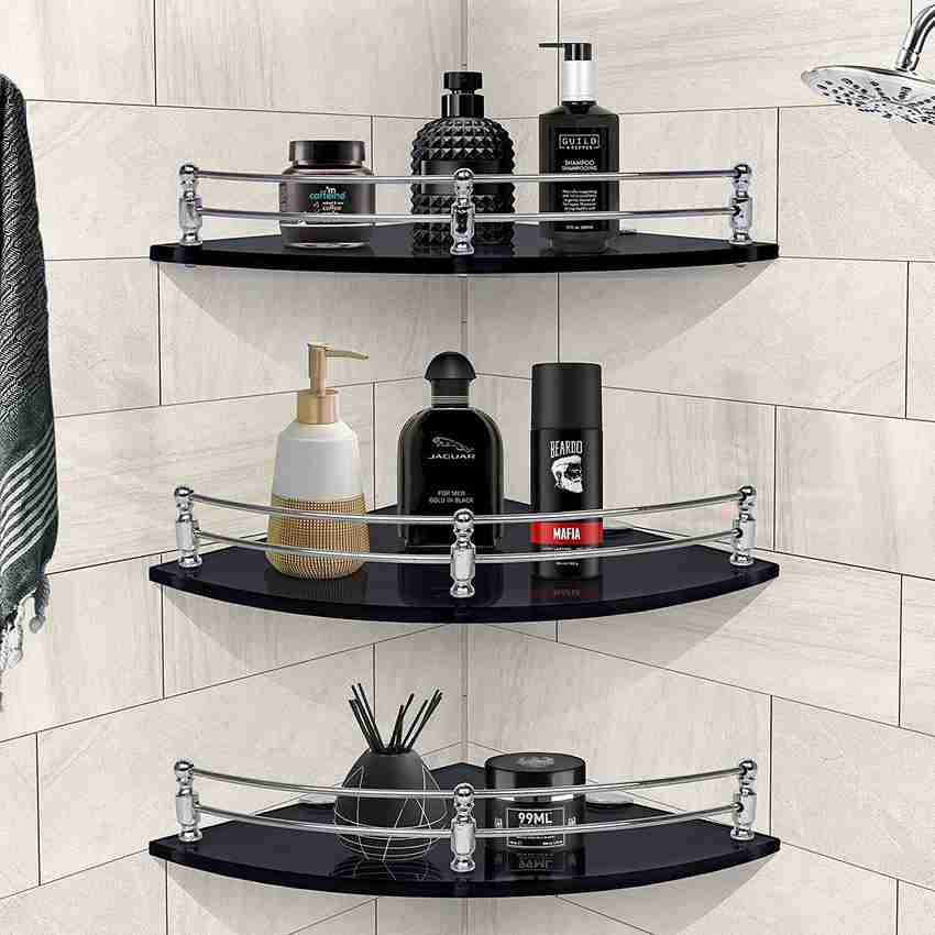 IMPULSE Premium Black Glass Corner Shelf for Bathroom Kitchen Shelf 12x12 Inches Glass Wall Shelf