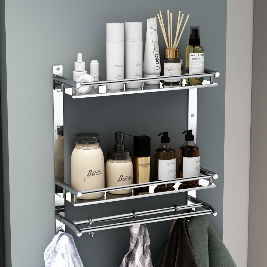 White 3 Tier Bathroom Shelf Wall Mounted with Towel Hooks