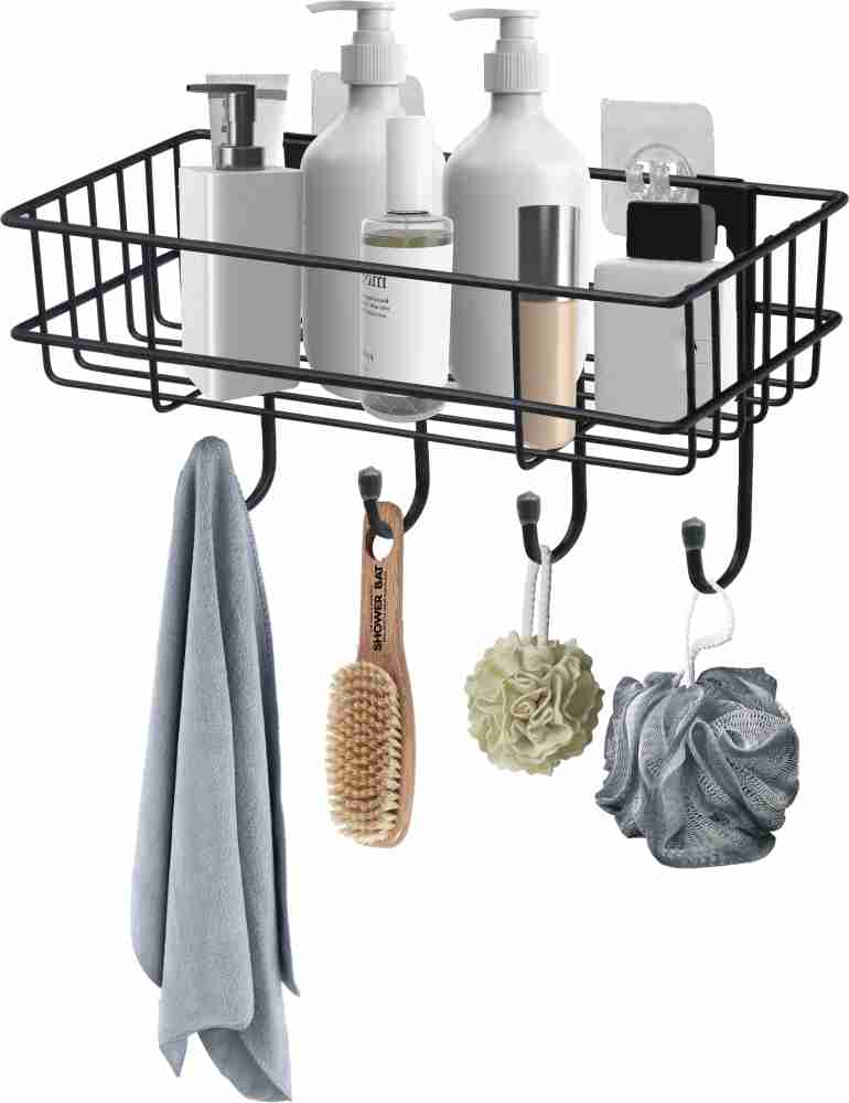 Plantex GI Steel Self-Adhesive Multipurpose Bathroom Shelf with Hooks/Towel  Holder/Rack/Bathroom Accessories - Wall Mount (Black,Powder Coated)