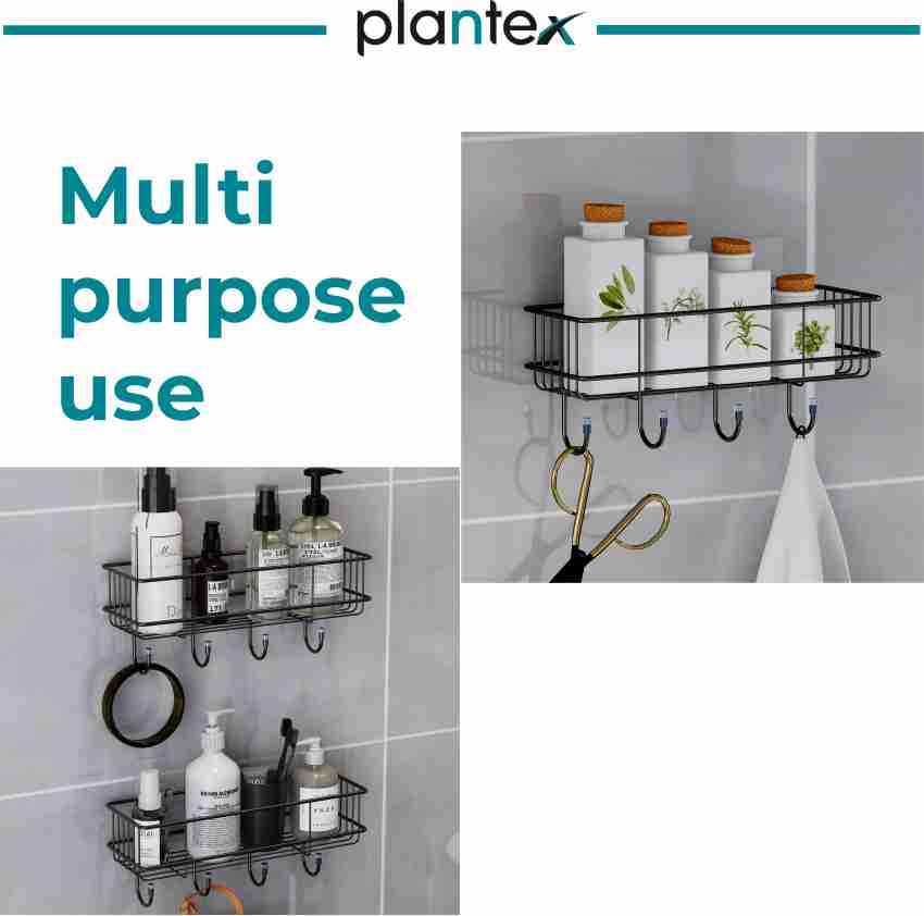 Buy Plantex GI Steel Self-Adhesive Multipurpose Bathroom Shelf with  Hooks/Towel Holder/Rack/Bathroom Accessories - Wall Mount (Black,Powder  Coated) Online at Best Prices in India - JioMart.