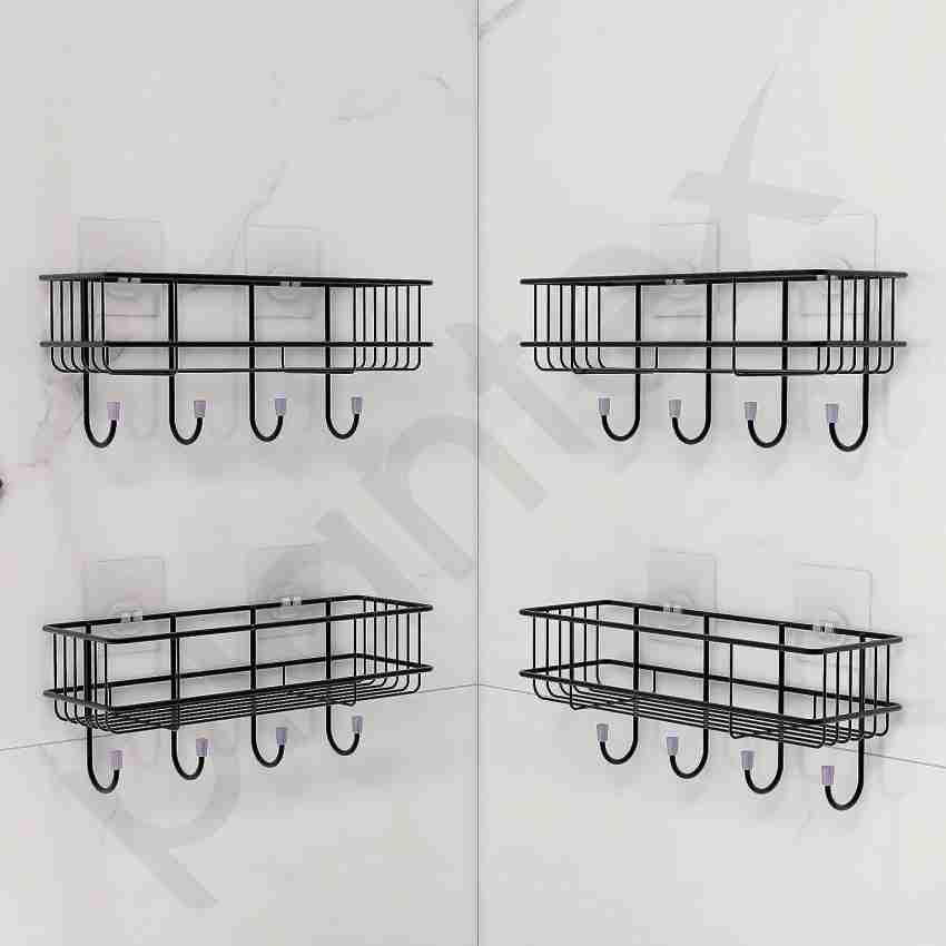 Plantex GI Steel Self-Adhesive Multipurpose Bathroom Shelf with Hooks/Towel  Holder/Rack/Bathroom Accessories - Wall Mount (Black,Powder Coated)