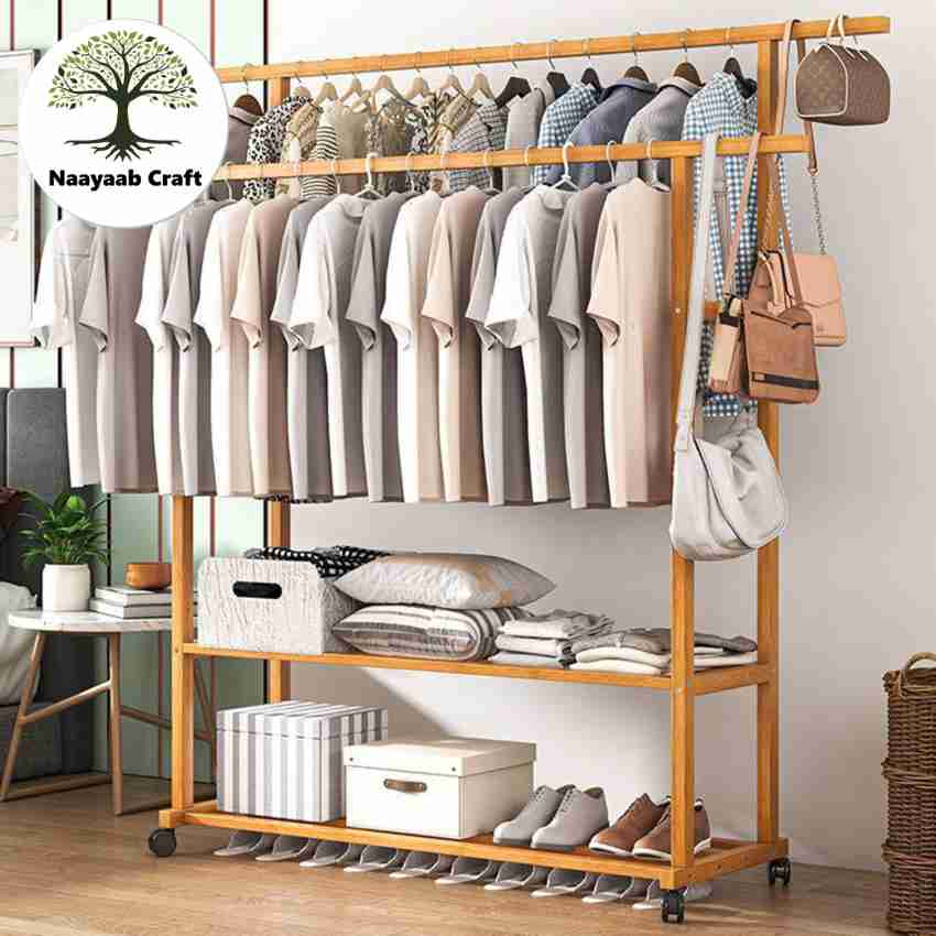 Eco 100% Bamboo Freestanding Clothes Rack with 3 Shelves & Side Hooks –