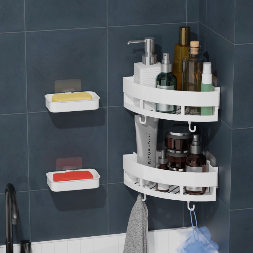 Corner Shower Caddy With 8 Hooks Bathroom Supplies Organizer