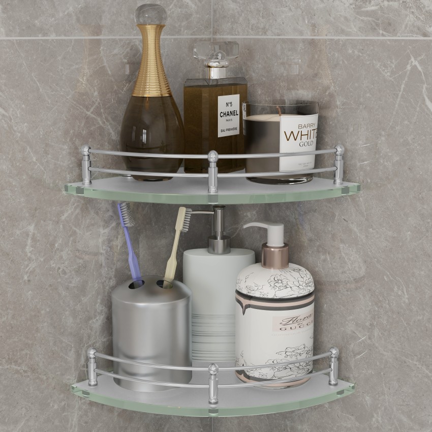 Plantex Transparent Glass Corner Shelf for Bathroom/Wall Storage