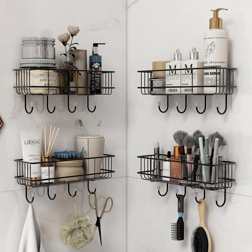 Steel Self-Adhesive Multipurpose Bathroom Shelf with Hooks