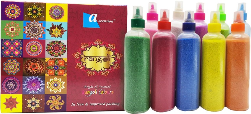 ascension 10 Rangoli Powder Colors 80 gm Each Ceramic Colours Rangoli Color  Powder Rang 2 Fillers, 5 Stencils & 3 Stamp Stencils for Navratri Pongal