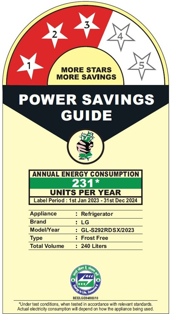Lg 3 star sale refrigerator power consumption