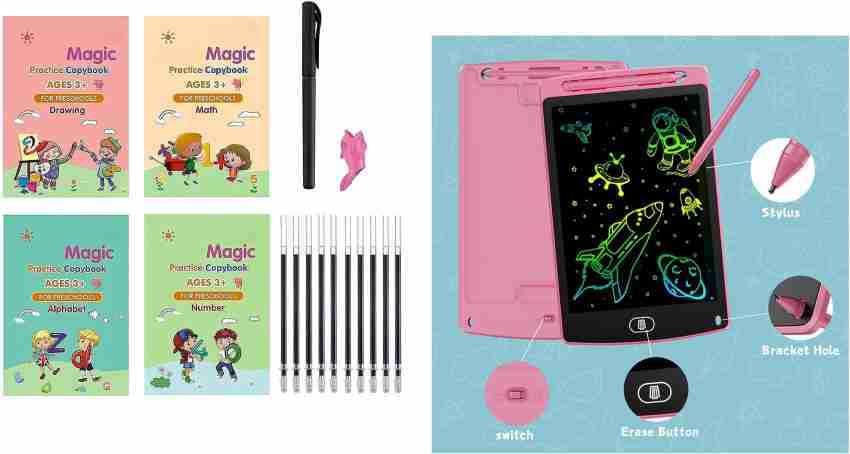 Buy KAVARI ENTERPRISE-Magic Practice Groove Copybook (4 Books,10 Refill),  Number Tracing Book + Writing pad Drawing Tablet Tab with Pen Electronic  LCD Kids Slate 8.5 inches Screen - Random Color