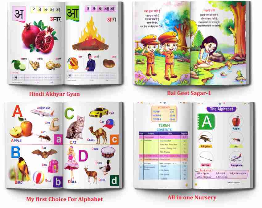 Educart Nursery School Kit (School Bag+8 Books For 3-5 Years)Of English &  Hindi Alphabets, Picture Book, Rhymes And Balgeet, Capital Letter Writing,  Akshar Aabha, Target Number, Drawing Books For Kids: Buy Educart