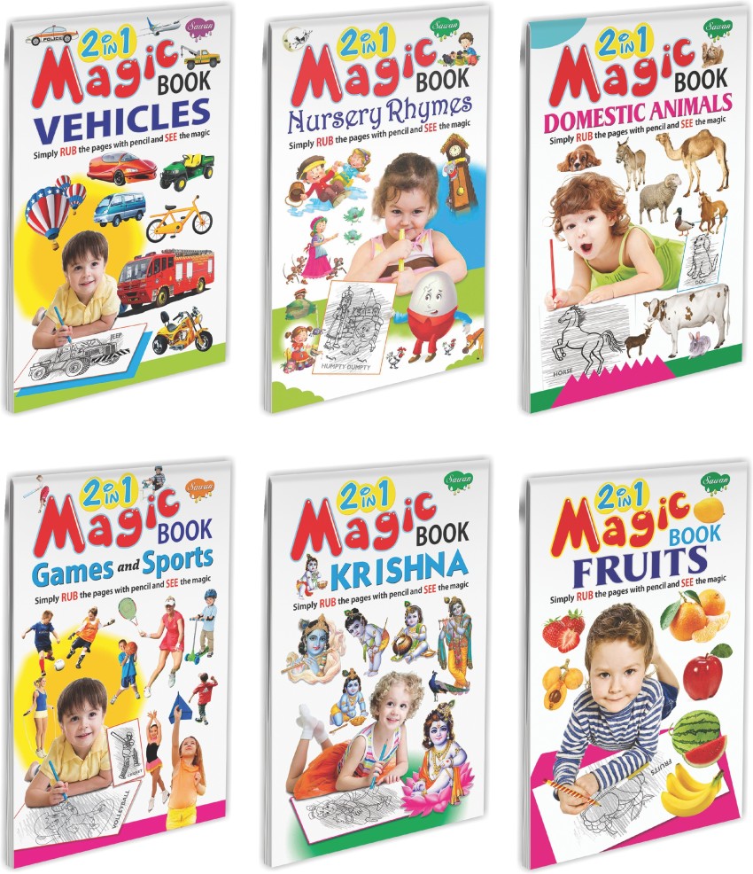 Set of 4 Magical pencil activity Books, 2 in 1 Magic Book of  Fruits-Vegetables, Flowers-Vehicles, Domestic Animals-Wild Animals and  Alphabet-Nursery Rhymes