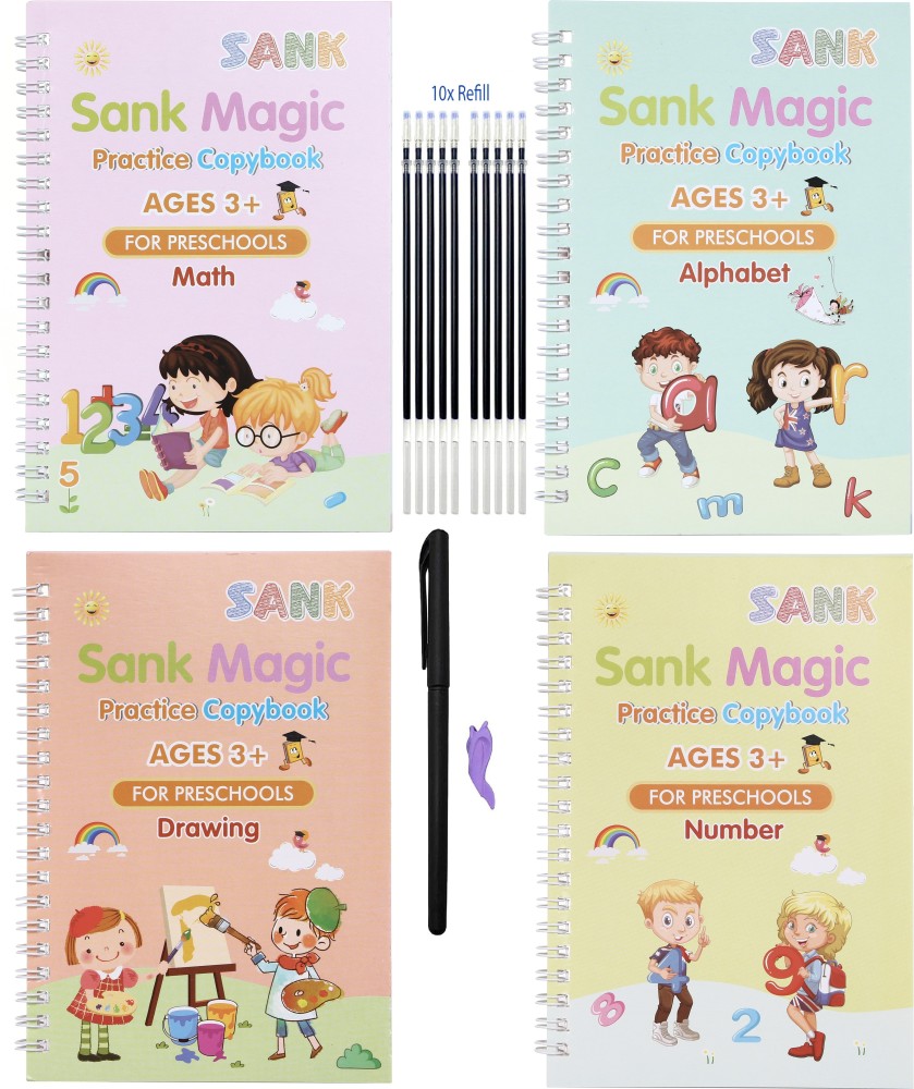Magic Book For Kids, Calligraphy Book & Reusable Notebook, 4 BOOK +1 PEN  + 10 REFILL, Magical Book ,Tracing Books For Kids Ages 3-5