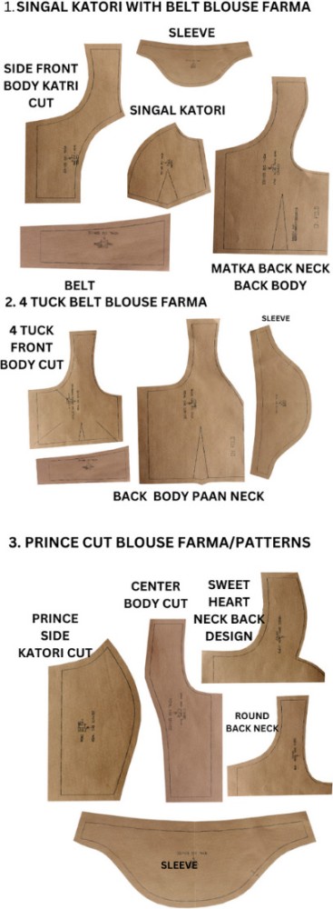 Blouse Cutting Paper Farma / Patterns Sheet pack Set Of 1.Prince cut blouse  farma with sweet heart neck design 2, Prince cut blouse with round &  designer back neck Farma, 3. Dabal