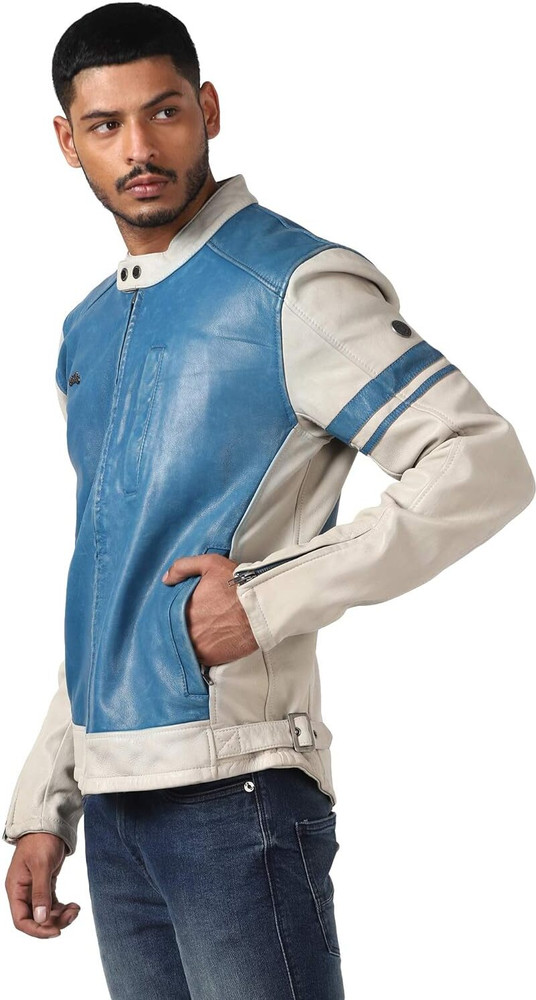 Blue and white leather jacket clearance