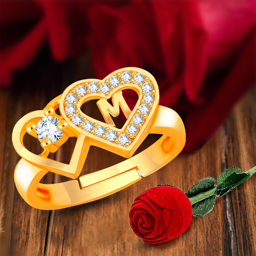 Divastri Love Heart Alphabet M Letter Rings girls women lovers couple Stylish simple AD Alloy Metal Brass Crystal Copper Stone Crystal Diamond Zircon Cubic Zirconia Gold Platinum Plated Ring Set Price...
