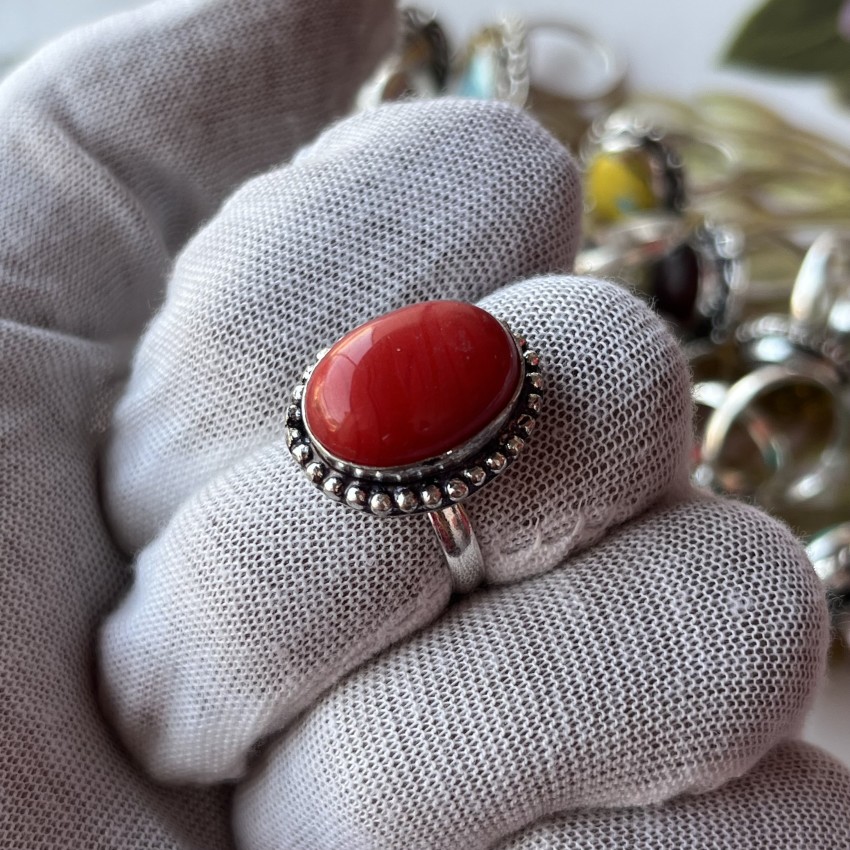 Red coral stone on sale in silver ring