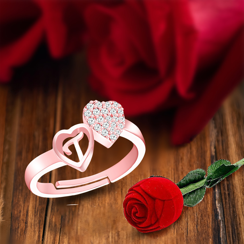 MEENAZ Rings for girls T alphabet valentine propose proposal lovers wedding anniversary Brass Copper Crystal Stone Alloy Metal Cubic Zirconia Diamond Zircon Crystal Platinum Platinum Gold Plated Ring ...
