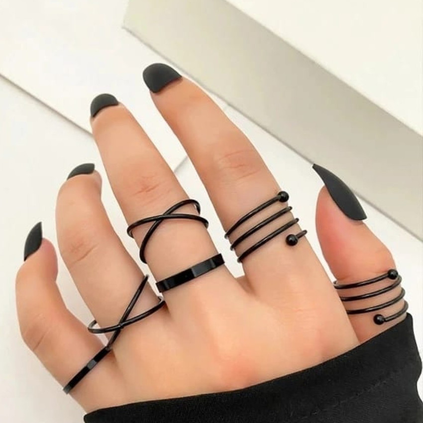 badeja 6 pcs punk finger rings black stacking rings knuckle ring set for women girls Metal Silver Plated Ring Set Price in India Buy badeja 6 pcs punk finger rings black