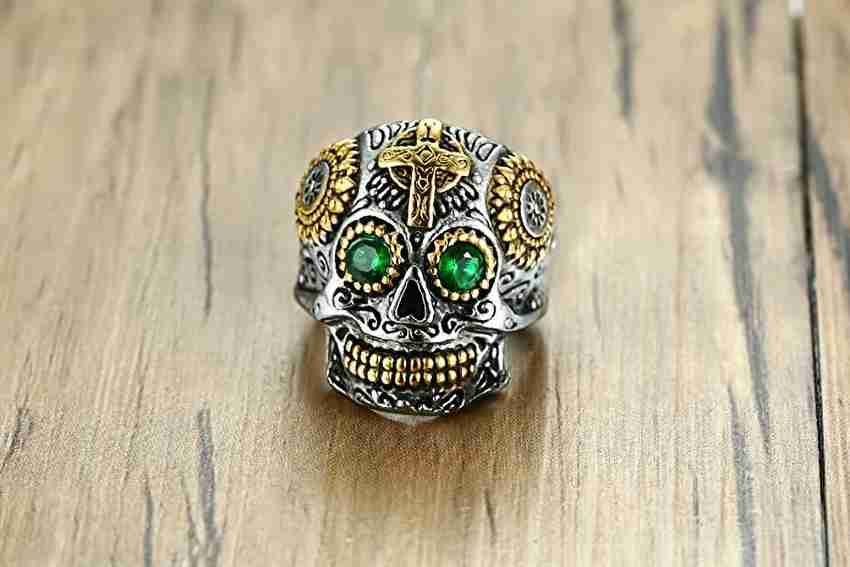 SILVOSWAN SUGAR SKULL RING Mexican Day of Dead Head Green Eye 