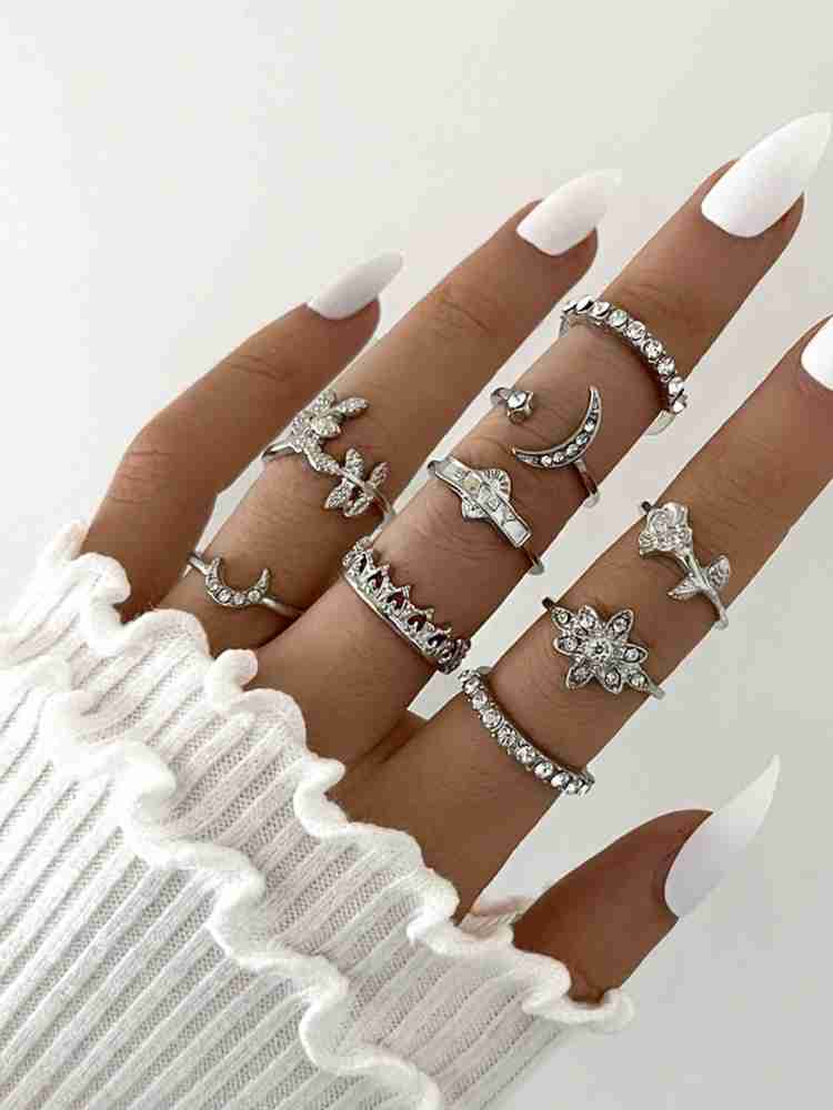 Shining Diva Fashion Latest Stylish Metal Boho Midi Finger Rings for Women  and Girls - Set of 9 (E13049r), Silver