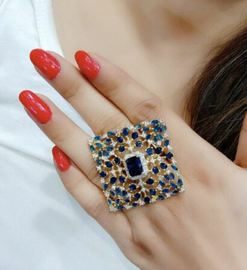 Sr handmade AD Square big Ring Metal Stone Glass Zircon Gold NA