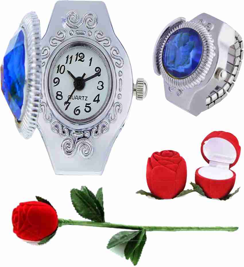 GT Gala Time Blue Stone Finger Ring Watch with Red Rose Velvet Box Valentine s day Gift Woman Metal Rhodium Plated Ring Price in India Buy GT Gala Time Blue Stone Finger