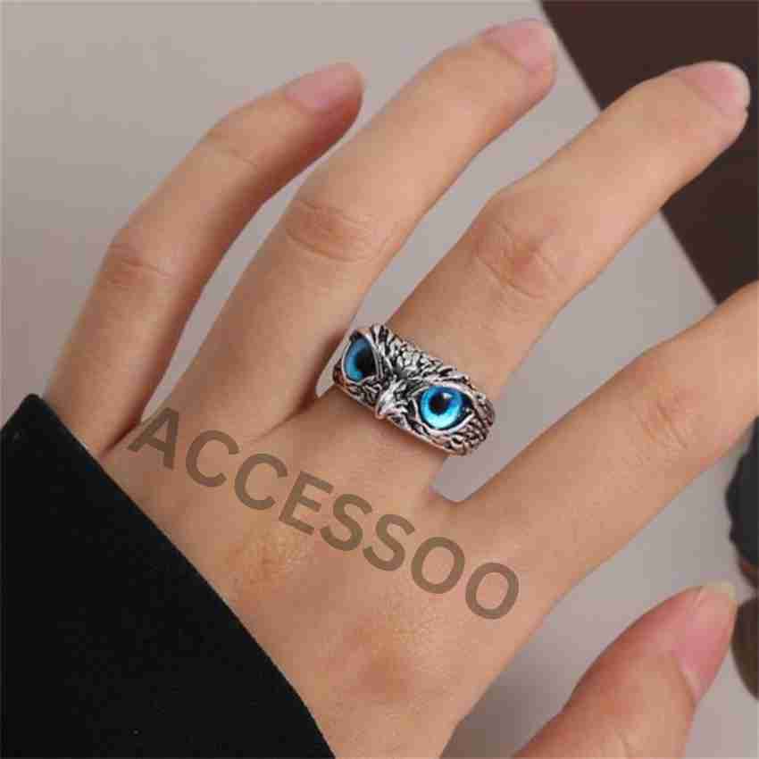 Silver Plated Blue Eye Owl Ring Women Jewelry Rings Adjustable Lab-Created