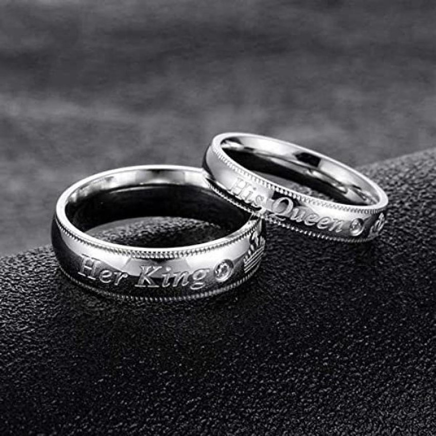 His Queen Her King Couple Rings Set - Stainless Steel Black Matching Bands For Him & Her, 2 Piece Wedding Engagement Set