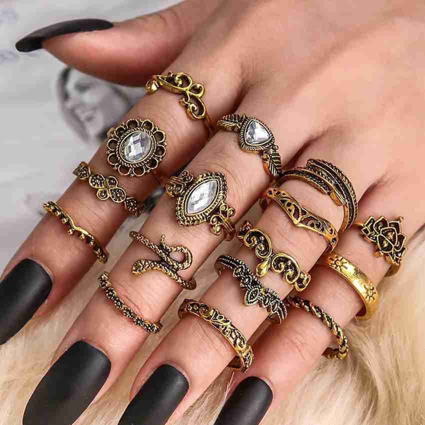 Fashion Frill Ring For Girls Golden CZ Multi Deisgns Boho Finger Ring For Women Ring Set Alloy Gold Plated Ring Set Price in India Buy Fashion Frill Ring For Girls Golden