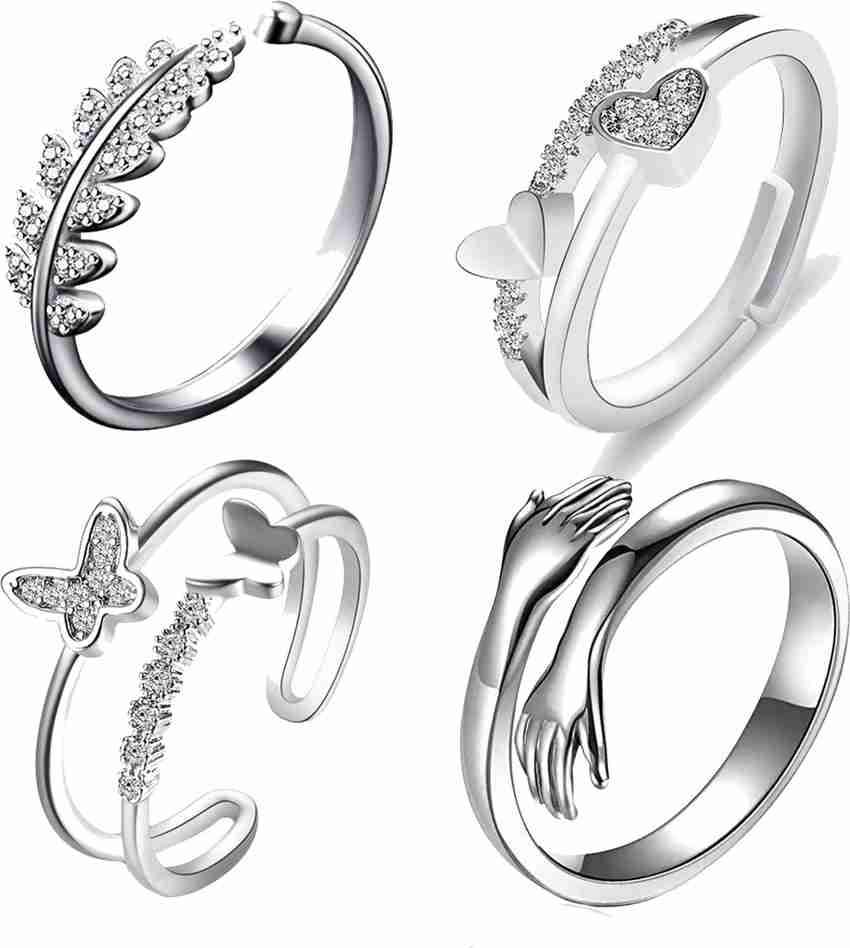 Agarwalproduct Silver Ring For Women Heart AD Butterfly Hug Silver Ring For Girls Combo of 3 Stainless Steel Cubic Zirconia Sterling Silver Plated