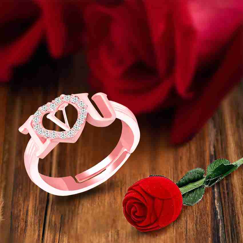 MEENAZ valentine ring promise engagment Ring with Rose Ring Box V Letter Name AD Alloy Copper Brass Crystal Metal Stone Cubic Zirconia Diamond Crystal Zircon Gold Plated Ring Price in India