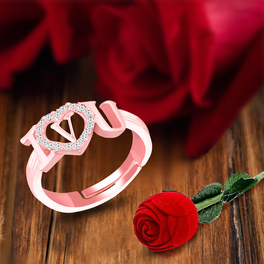 MEENAZ valentine ring promise engagment Ring with Rose Ring Box V Letter Name AD Alloy Copper Brass Crystal Metal Stone Cubic Zirconia Diamond Crystal Zircon Gold Plated Ring Price in India