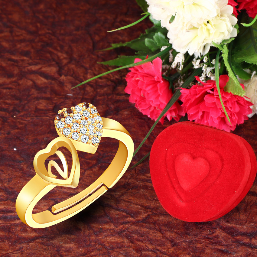 MEENAZ Heart ring for girl love girlfriend lovers couple valentine V alphabet propose Brass Copper Crystal Stone Alloy Metal Cubic Zirconia Diamond Zircon Crystal Platinum Rhodium Gold Plated Ring Set...