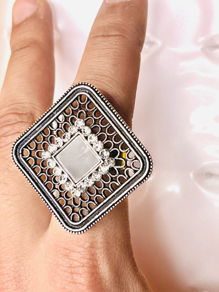 KYARI JEWELS Silver Plated Oxidised Mirror Ring Set of 4 for Women Girls Brass Silver Plated Ring Set Price in India Buy KYARI JEWELS Silver Plated Oxidised Mirror