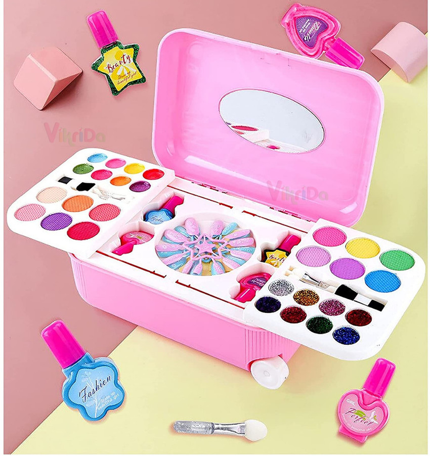 VikriDa Girl s All in One Cosmetic and Real Makeup Palette with Mirror Comes in Trolley for Kids Make up Kid and Nail Art KIT Set Girl s All in One Cosmetic and Real Makeup