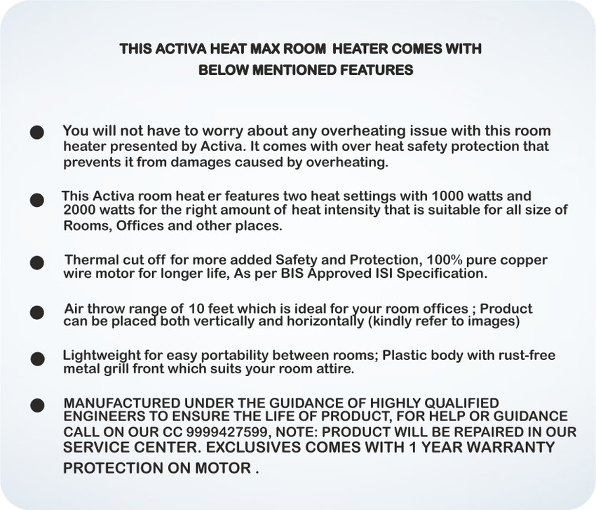ACTIVA Heat Max 2000 Watts Room Heater (White color ) with ABS body Fan Room  Heater Price in India - Buy ACTIVA Heat Max 2000 Watts Room Heater (White  color ) with